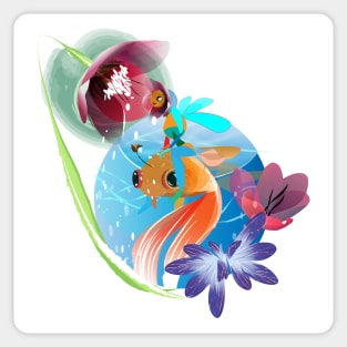 There is a beautiful flower fairy on a goldfish Sticker